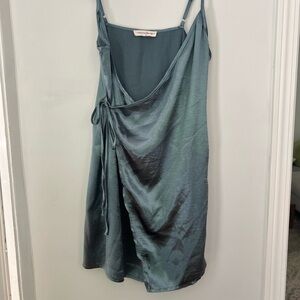 Satin Slip Dress with Front Tie Wrap in Metallic Iridescent Blue